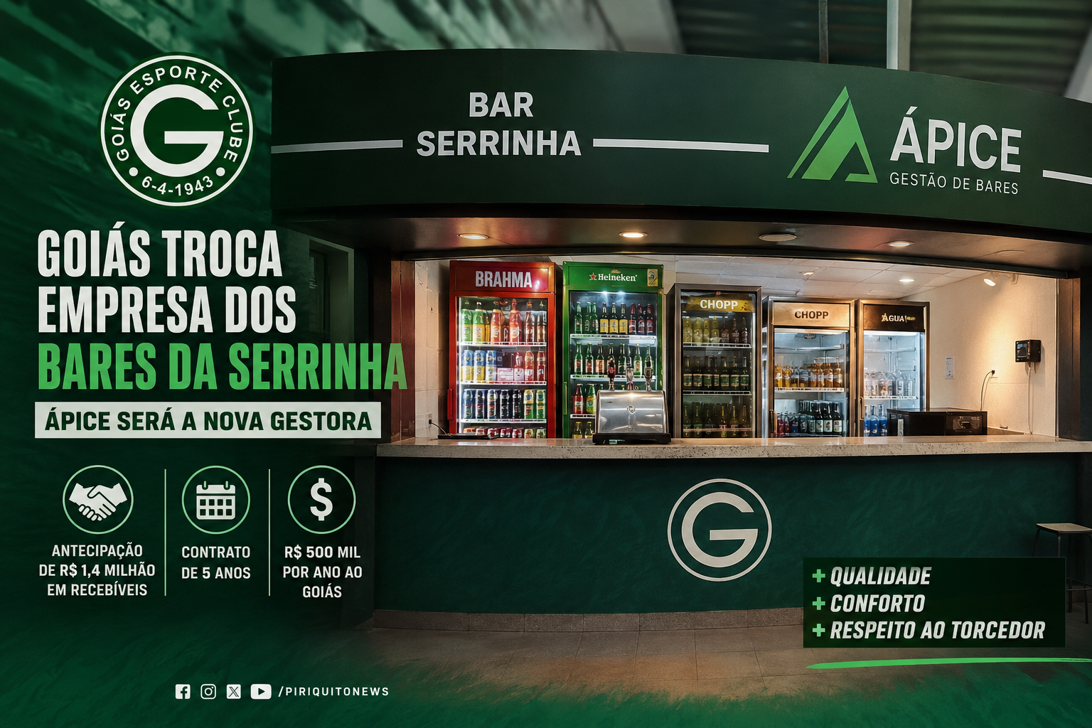 Goiás deve oficializar troca da empresa responsável pelos bares da Serrinha; novo contrato prevê antecipação de R$ 1,4 milhão